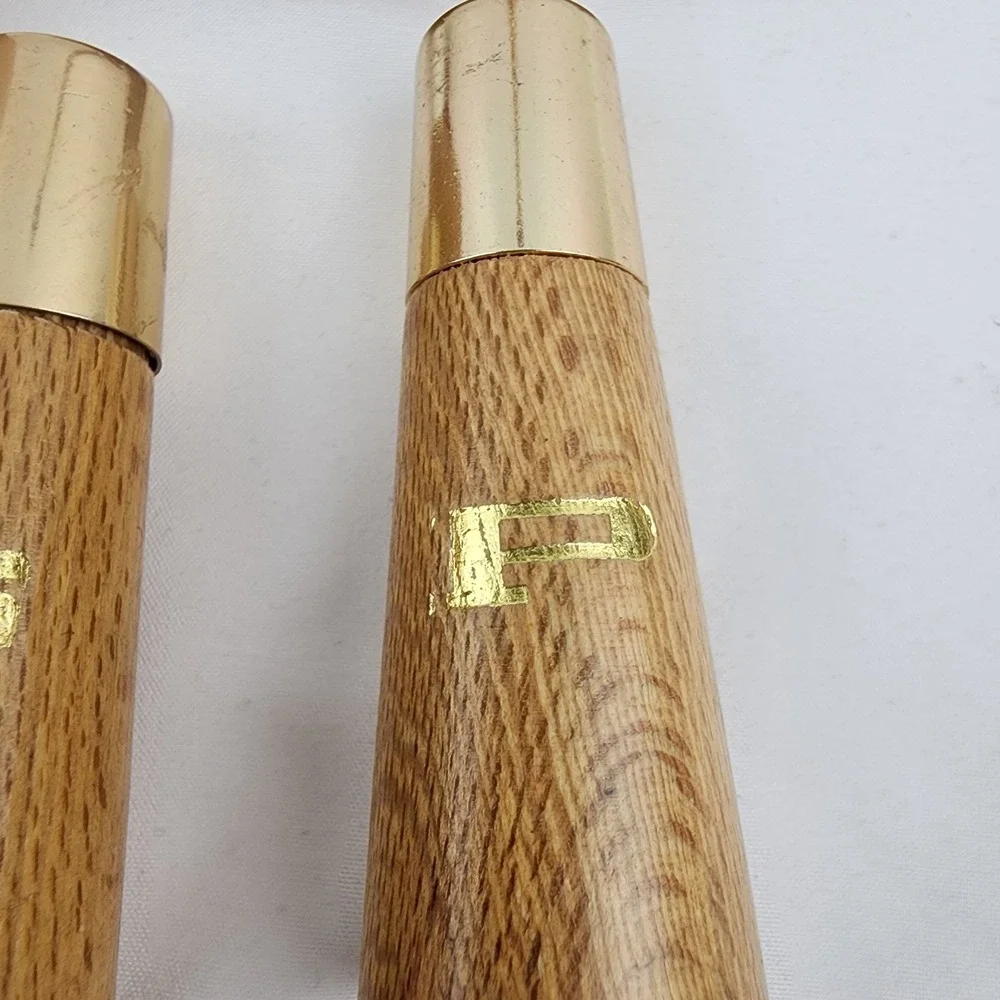 Vtg. Wooden Salt and Pepper and toothpick holder‎ MCM Gold 3in x 2.5 in. Kitchen